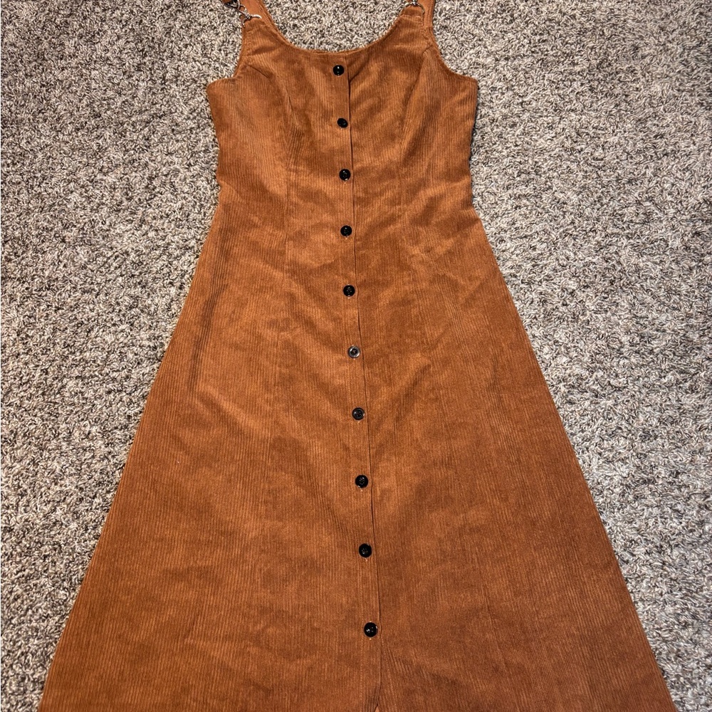 Brown Corduroy Button Midi Dress